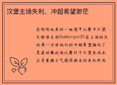 汉堡主场失利，冲超希望渺茫